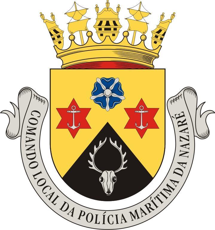 POLÍCIA MARÍTIMA DA NAZARÉ DESCRIÇÃO HERÁLDICA Escudo de ouro com rosa de azul, com centro e sépalas de prata, posta em chefe com duas âncoras de seis pontas de vermelho nos flancos, carregadas com