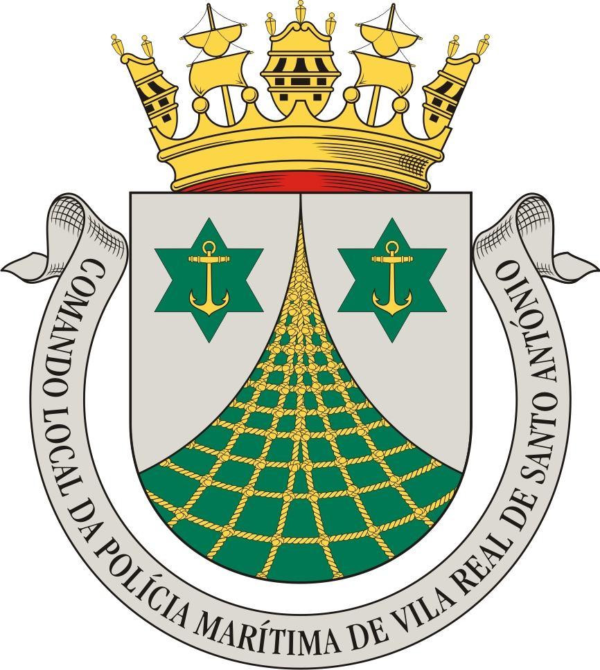 POLÍCIA MARÍTIMA DE VILA REAL DE SANTO ANTÓNIO DESCRIÇÃO HERÁLDICA Escudo de verde com rede de ouro movente do chefe, da ponta e dos flancos, mantelado de prata com duas estrelas de seis pontas de