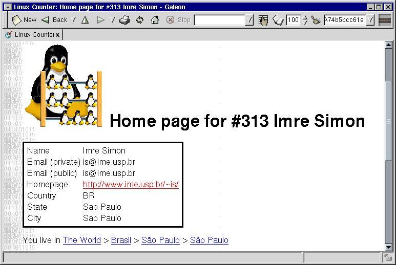 I am Registered Linux User #313 (1993) From is Thu Sep 30 14:06:37 1993 Full-Name: Imre Simon To: linux-counter@uninett.