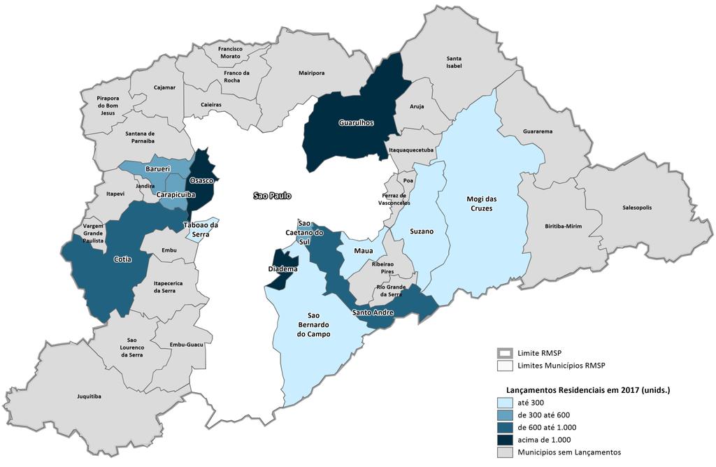 Concentração das unidades lançadas por município - 2017 Unidades lançadas por municípios Guarulhos Diadema Osasco 1.478 1.202 1.