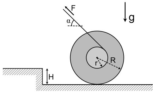 28. Uma roda de raio interno r e raio externo R se encontra em um piso horizontal. O eixo da roda é horizontal. Um fio ideal é amarrado em torno da parte interna da roda, como mostra a figura abaixo.