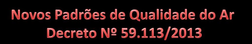 Padrões CO (ppm) SO2 (µg/m 3 ) MP 10 (µg/m 3 ) MP 2,5 (µg/m 3 ) PTS* (µg/m 3 ) FMC* (µg/m 3 ) Pb* (µg/m 3 ) NO 2 (µg/m 3 ) O 3 (µg/m 3 ) 8h 24h MAA 24h MAA 24h MAA 24h MGA 24h MAA MAA 1h MAA 8h MI 1