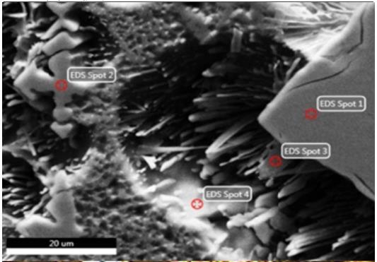 Figura 4.17: Análise de composição química da liga Al-9%Ni a 3mm da chapa-molde obtida com MEV-EDS, aumento de 2400x, evidenciando a primeira fase de Al3Ni, as nanofibras de Al3Ni e a matriz eutética.