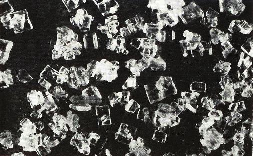 d) Cristais geminados: quando a cristalização da sacarose ocorre num meio com altas concentrações de açúcares redutores, podem surgir cristais gêmeos, ou seja, cristais de