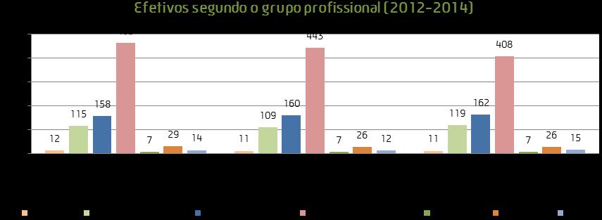 Gráfico 4 Evolução de trabalhadores por grupo profissional (2012-2014) Como se pode aferir pelo gráfico anterior, no ano de 2014, alguns grupos profissionais sofreram uma redução no número de