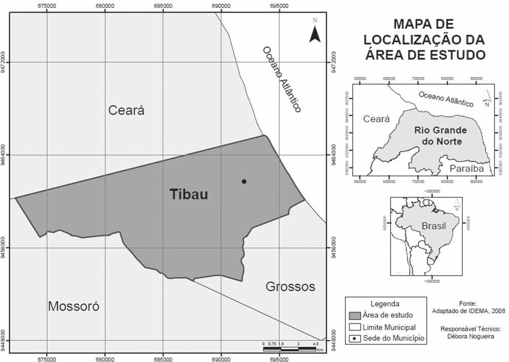 Figura 1 Mapa de localização da área de estudo dentro do contexto regional e nacional (adaptado de IDEMA, 2008).