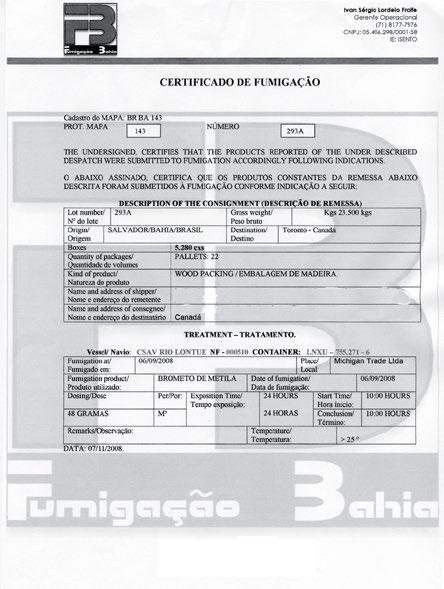 Importação & Exportação sem Complicação - 227 CERTIFICADO Certificado DE de Fumigação FUMIGAÇÃO NORMA INTERNACIONAL DE MEDIDA FITOSSANITÁRIA NIMF Nº 15, DA FAO.