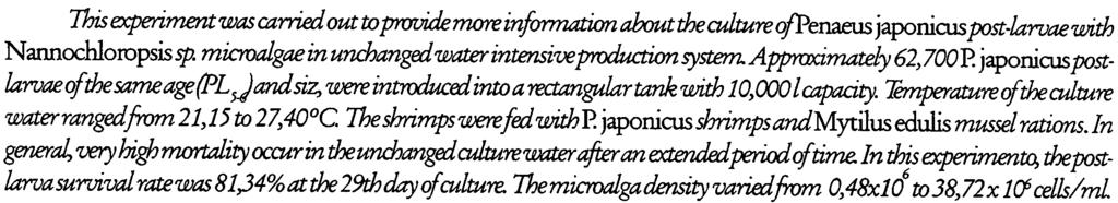 variou de 0,8x 1 Q a 38,72 x 1 Q células/ml PALAVRAS-CHAVE: Camarão marinho, cultivo, microalgas. SUMMARY Nannochloropsissp.