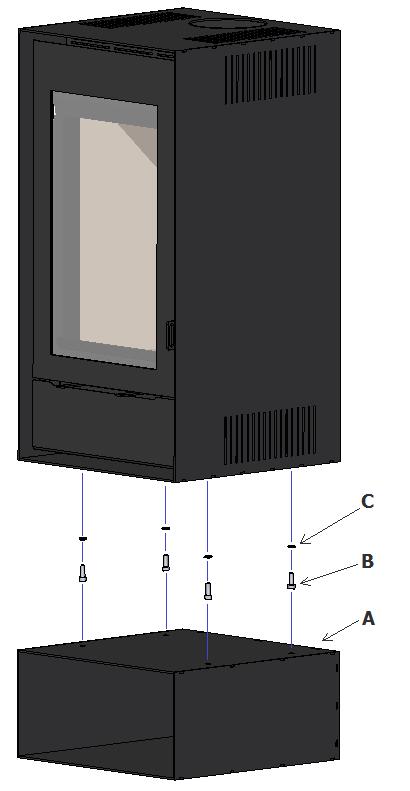 System 2 (figura 22) 1- Colocar o módulo (A) e no local desejado e posicionar a salamandra na zona superior do mesmo tendo garantindo que a lateral e frontal do equipamento ficam alinhadas com as