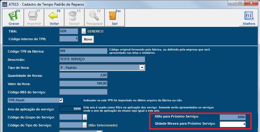 Figura 2: Campos de configuração do cadastro de serviços KMs para Próximo Serviço: Intervalo em quilometragem do veículo para próxima Qtdade Meses para Próximo Serviço: Intervalo em quantidade de