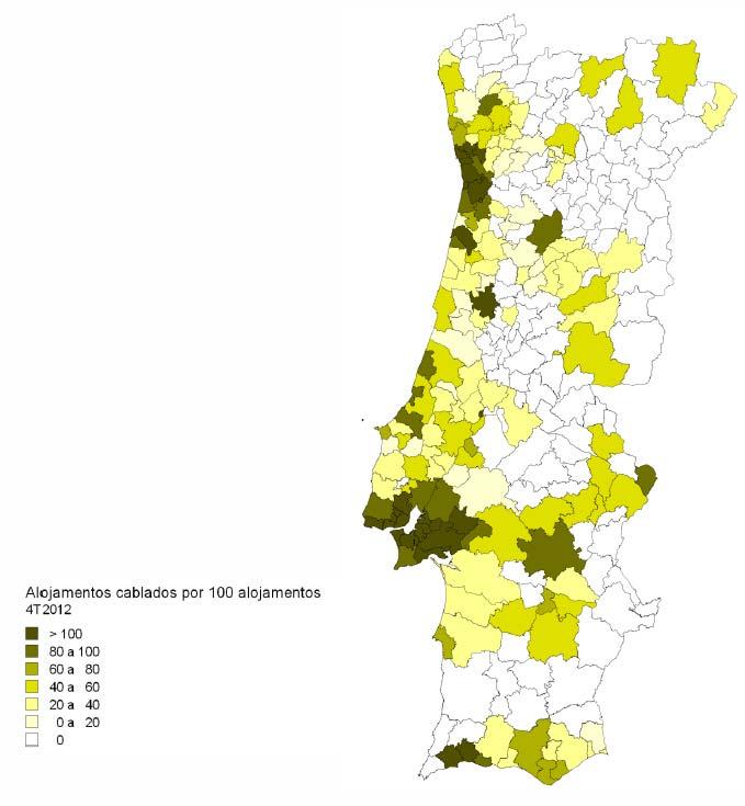 Figura 1 Distribuição por concelho do total de alojamentos cablados por todos os operadores em proporção do total de alojamentos (Portugal Continental) Fonte: ICP-ANACOM (dados publicados no