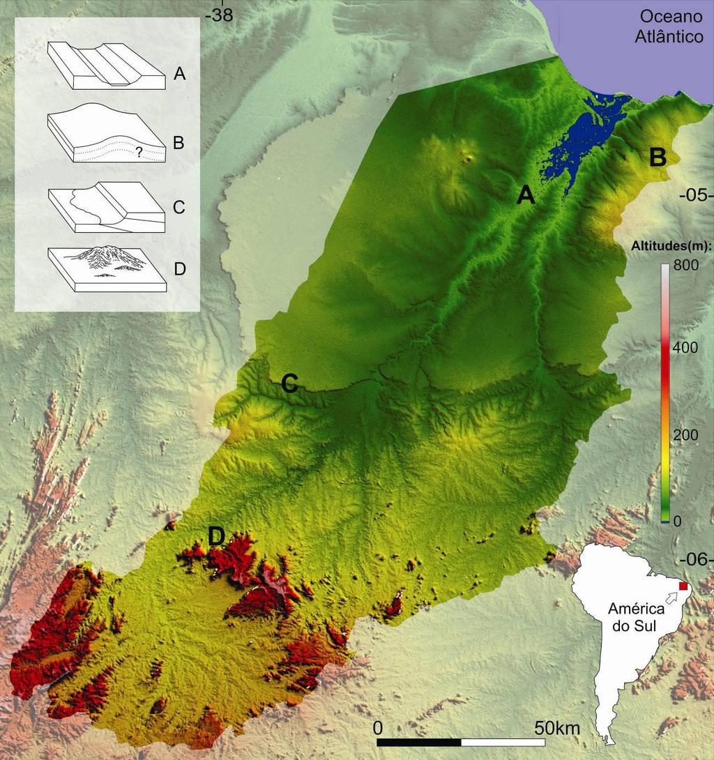 Figura 1: Bacia hidrográfica do rio Apodi-Mossoró (imagem Aster). quadro branco superior esquerdo: elementos controladores da fisiografia da drenagem.