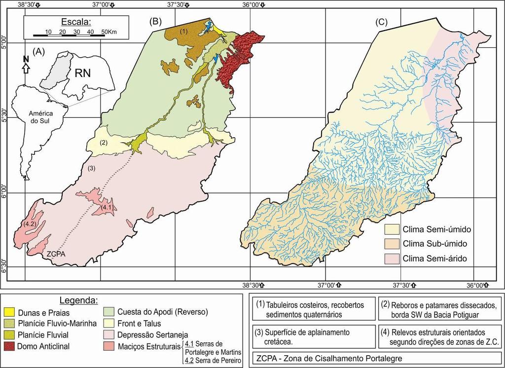 Figura 2: Mapas de geomorfologia, clima e hidrografia.