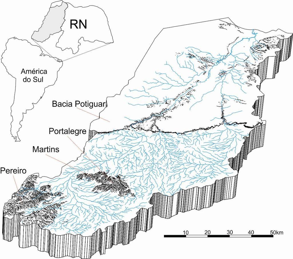 Figura 3: Bacia hidrográfica do rio Apodi-Mossoró vista em perspectiva.