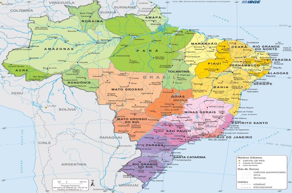 LISTA DE EXERCÍCIOS 6 FORMAÇÃO TERRITORIAL DO BRASIL 1) Observe o mapa a seguir e faça o que se pede: MAPA POLÍTICO DO BRASIL Em relação as atuais características do território brasileiro, assinale a