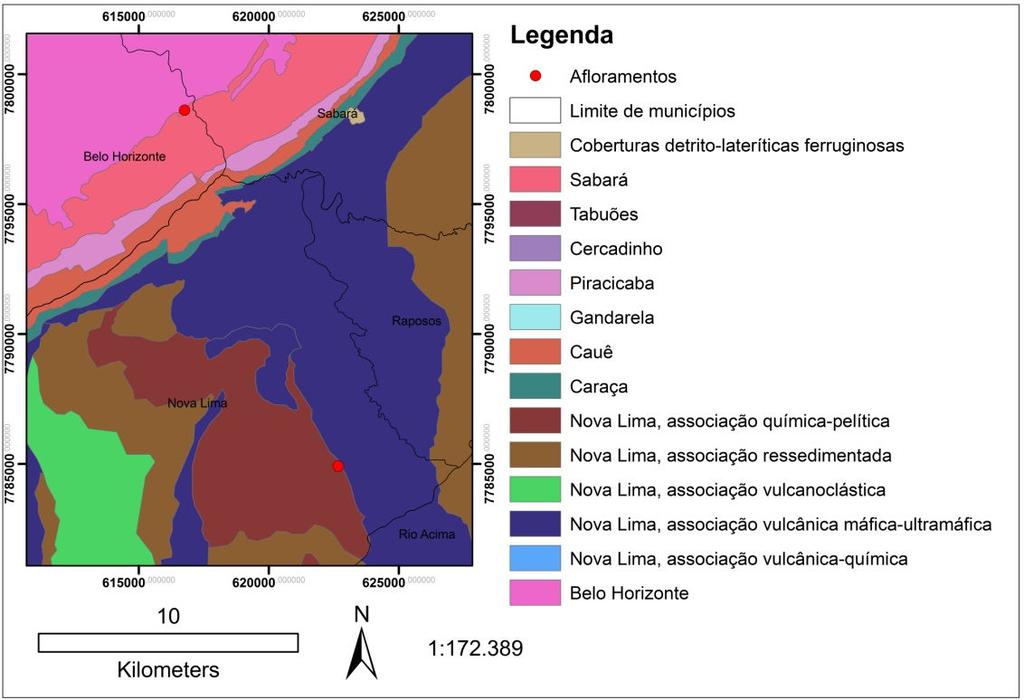 Figura 1 Mapa geológico da porção sul da RMBH e localização dos afloramentos analisados (modificado de CPRM) Os valores de RQD foram calculados a partir da frequência de