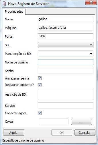 Conectando-se ao servidor No laboratório Host/Maquina: localhost Username/Nome do usuário: postgres Password/Senha:root Port/Porta: 5433