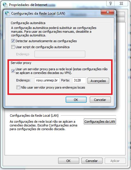 7) Ao clicar em Configurações de Lan, abrirá a seguinte caixa de opções: Deverá ativar a opção Usar um servidor proxy para a rede local (estas