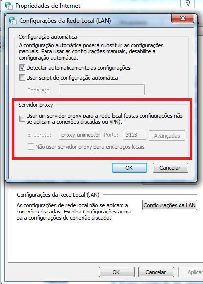 Deverá desativar a opção Usar um servidor proxy para a rede local (estas configurações não se aplicam a conexões discadas ou VPN). Endereço: proxy.unimep.br Porta: 3128 Obs.