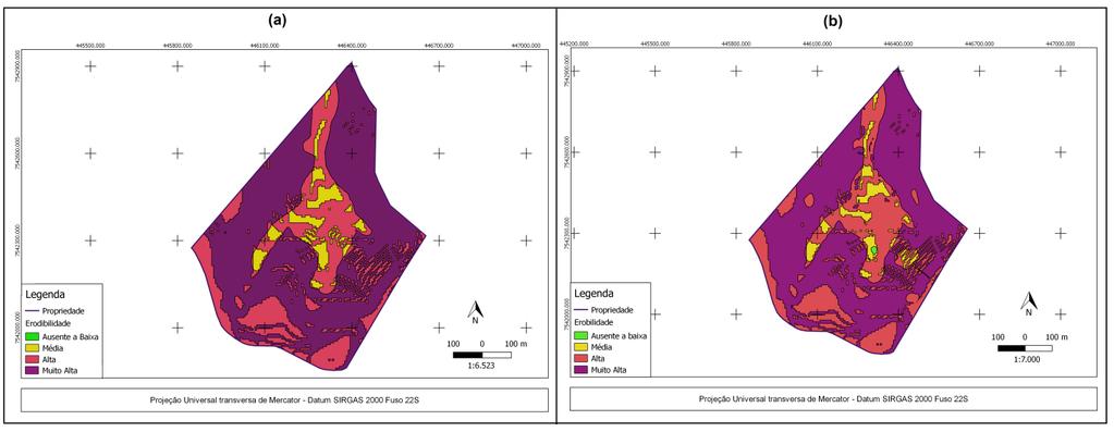Figura 03. Suscetibilidade natural à erosão (a); e suscetibilidade natural à erosão aliada ao uso do solo (b). 63 4.