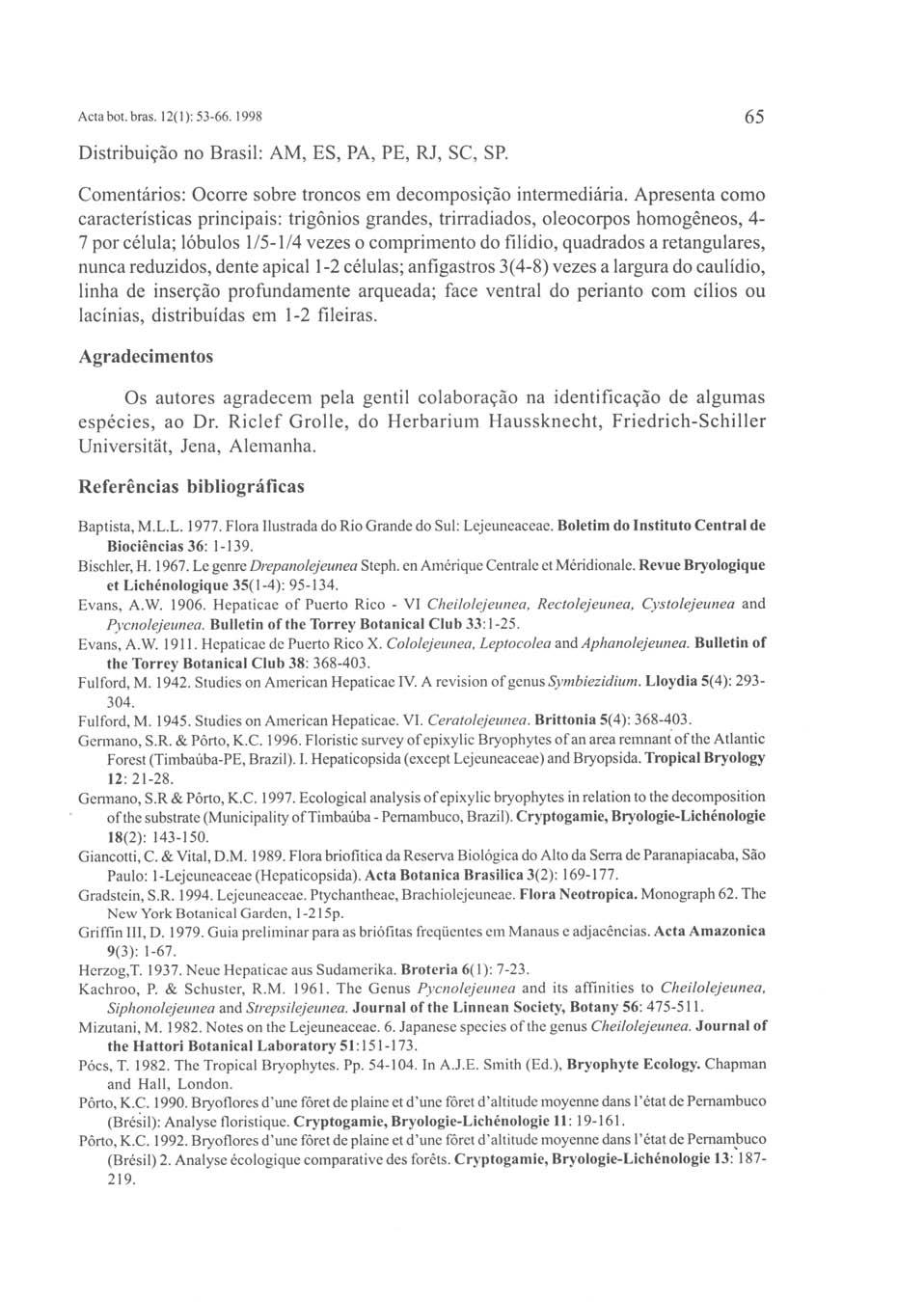 Acta bot. bras. 12( 1 l: 53-66. 1998 65 Distribuição no Brasil: AM, ES, PA, PE, RJ, SC, SP. Comentários: Ocorre sobre troncos em decomposição intermediária.