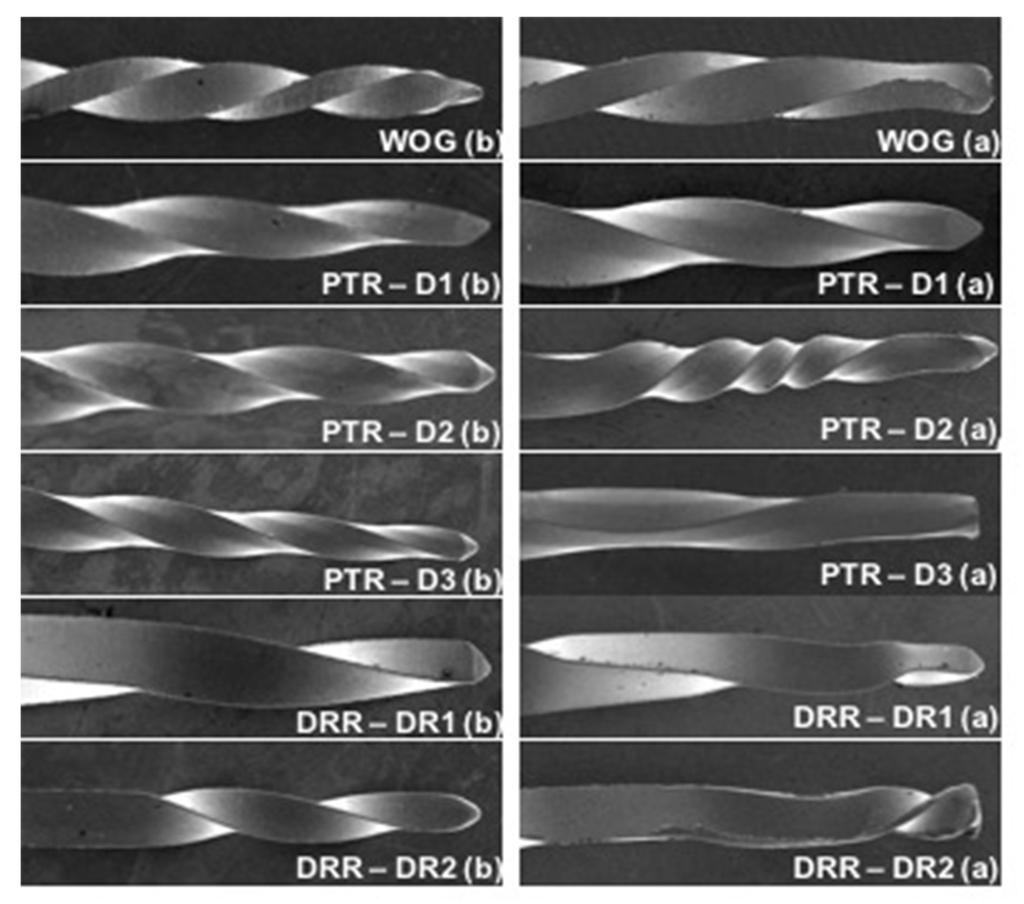 49 Figure 2. SEM images showing PTR (D1, D2 and D3), WOG and DRR (DR1 and DR2) instruments before (b) and after (a) instrumentation (accelerating Voltage 10.0 kv, magnification X40).