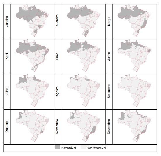 FIGURA 13 Mapa de favorabilidade climática à sigatoka-negra da bananeira no Brasil, para os meses de janeiro a dezembro, no período de 2010. Segundo Mouliom-Pefoura et al.