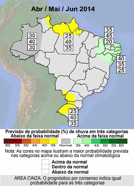 4. Prognóstico climático De acordo com a previsão probabilística de consenso para a precipitação (Figura 6), o próximo trimestre (abril, maio e junho de 2014) apresentam probabilidades de chuvas