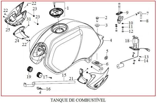 TANQUE DE COMBUSTÍVEL 1 D151750028 TAMPA DO TANQUE DE COMBUSTIVEL 105,00 2 D159420059 PARAF SEXT FLANG M8x25 6,00 3 D159400003 BUCHA ESPACADORA DO TANQUE DE COMB.