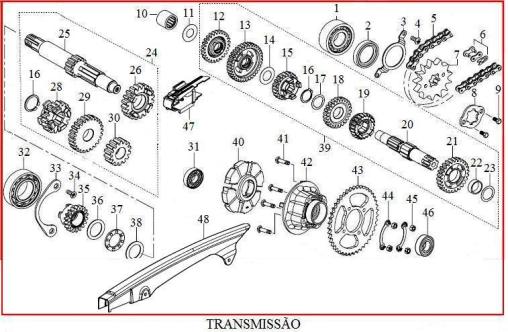 TRANSMISSÃO D154260017 KIT CORRENTE E PINHAO DE TRANSMISSAO 13/44/124L 83,50 1 D159530011 ROLAMENTO DE ESFERAS 24X47X14 61,50 2 D159510006 RETENTOR 20x40x6 17,50 3 D151220029 RETENTOR DO EIXO