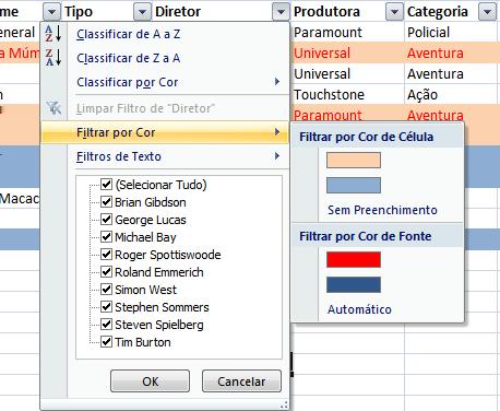 Opções de Filtrar por Cor reexiba todos os registros usando o processo que