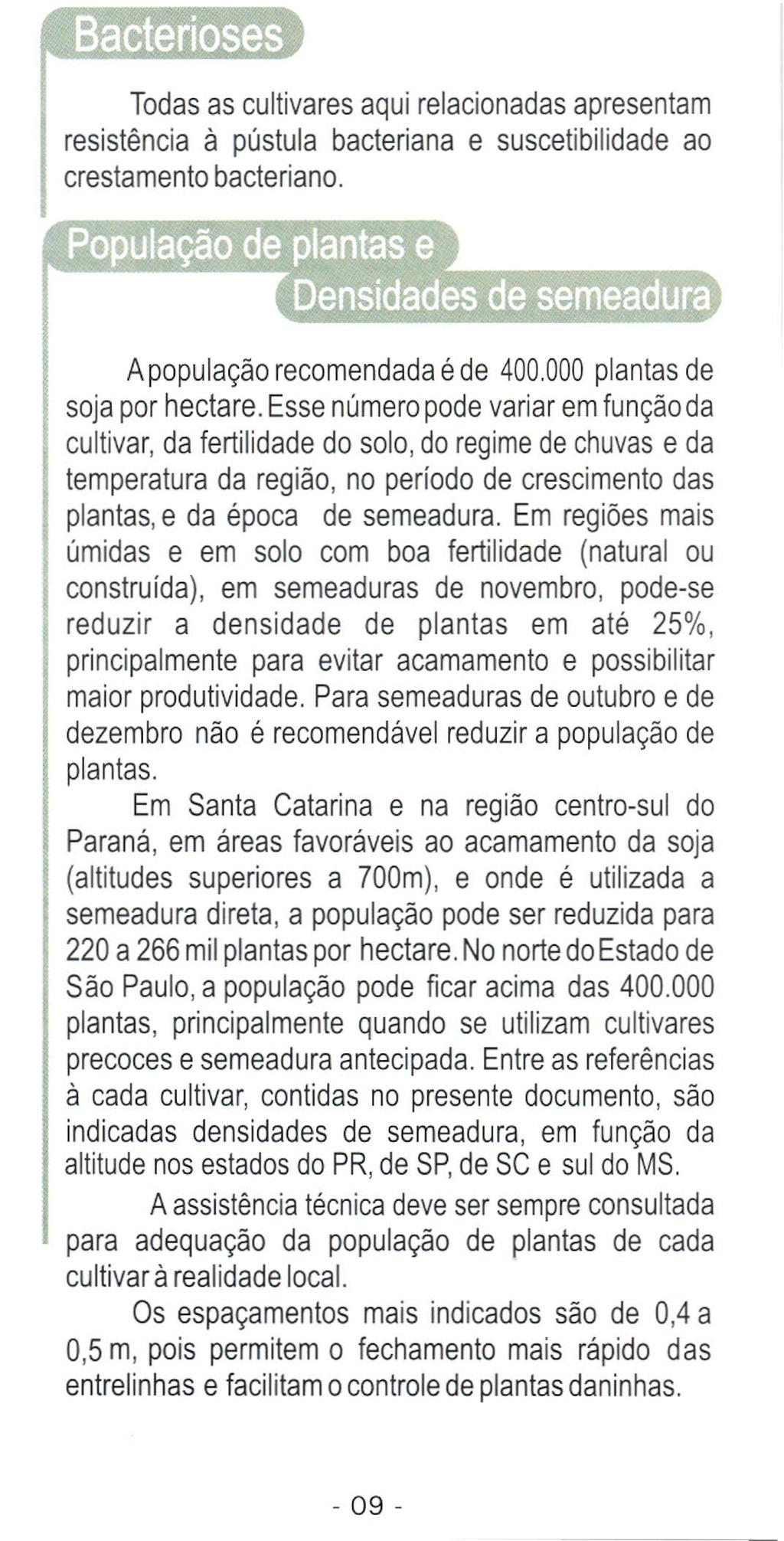 ~ Todas as cultivares aqui relacionadas apresentam resistência à pústula bacteriana e suscetibilidade ao crestamento bacteriano. Apopulação recomendada é de 400.000 plantas de soja por hectare.