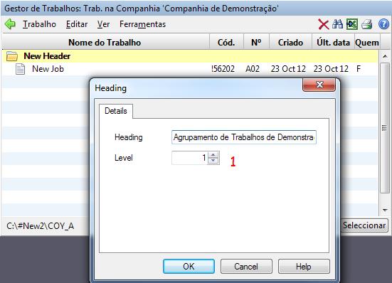 O GESTOR de TRABALHOS (Job Manager) Job) 3, a dentro de um título (New Header) 2.