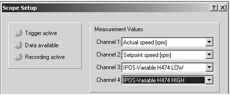 Através das variáveis de ponteiro (H2/H2) em H474 e H47, qualquer variável IPOS plus pode ser registrada com o programa "Scope".