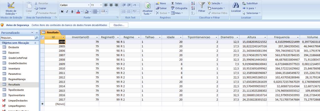 4 Encontro Brasileiro de Silvicultura 140 Figura 7. Planilha de resultados exportados para Excel pelo SisPinus-Plus. Figura 8. Planilha de resultados em Access gerada pelo SisPinus-Plus.