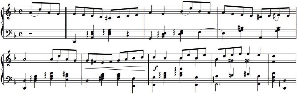 (subdominante de Mi maior); c) A e B têm, basicamente, melodia na região aguda (numa alusão a solos de flauta, clarinete ou bandolim, por exemplo), e fraseologia e harmonia muito próximas dos padrões