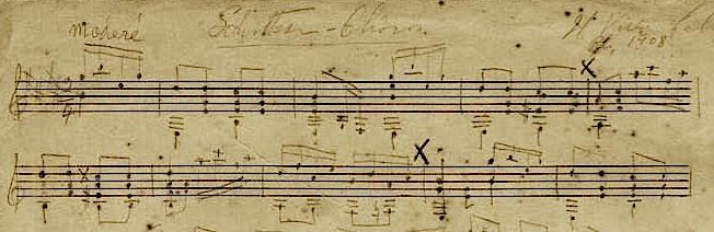 Figura 6 possíveis variações rítmicas na melodia de um fragmento da parte A de Implorando, com cifragem de acordes e ritmo de acompanhamento do cavaquinho fonte: acervo da Casa do Choro No caso da