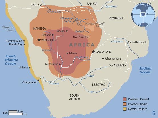 000 km² distribuídos por Botswana, Namíbia e África do Sul. Derivada da palavra Kgalagadi, significa a grande sede.