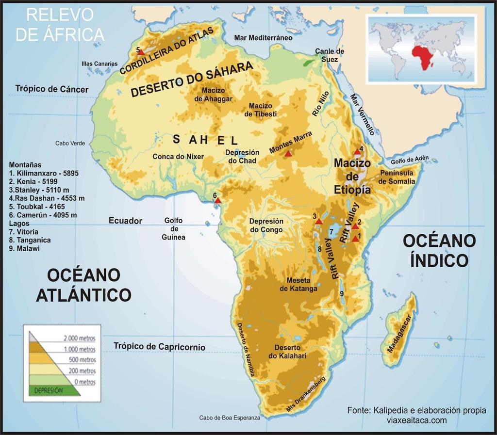 Relevo Africano A características física mais marcante é uma falha geológica que se estende de norte a sul, o Grande Vale do Rift, uma fenda tectônica em que se sucedem montanhas, algumas de origem
