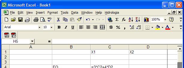 Excel Solver: Formulação Max 3X1 + 4X2