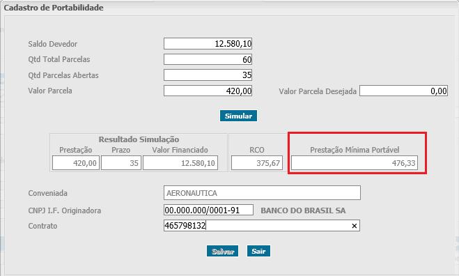 Figura 6 Sendo possível prosseguir, o campo parcela desejada deve ser alterado e a simulação salva.