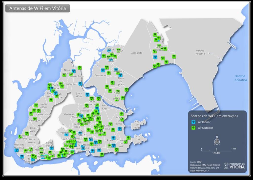 7 Wi-Fi Livre Vitória Online 220 pontos de Wi-Fi livre pela cidade. Média de usuários diários: 18 mil Dos 80 bairros da cidade, 50 já são atendidos.