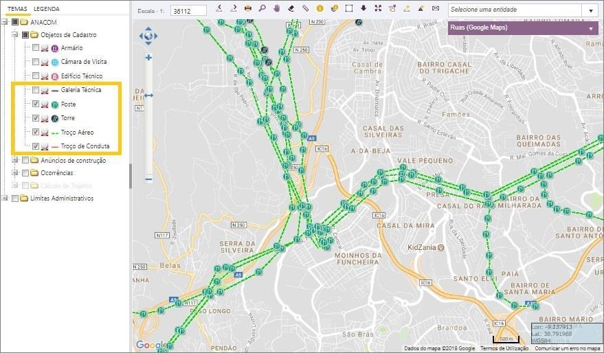 Figura 37 Visualização de Temas Encontra-se disponíveis os seguintes objetos cadastrais e os limites administrativos: Objetos de cadastro Armário Câmara de Visita Edifício Técnico Galeria Técnica