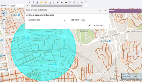 Figura 56 - Criar área de influência no Mapa - Janela de Resultados o Se selecionar a opção Distância Fixa deve: Definir o raio Selecionar Selecionar um