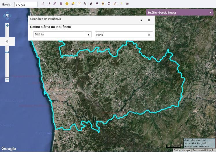 o Se selecionar a opção Distância Interativa deve: Selecionar Selecionar no mapa e arrastar uma área sem retirar o dedo do botão do