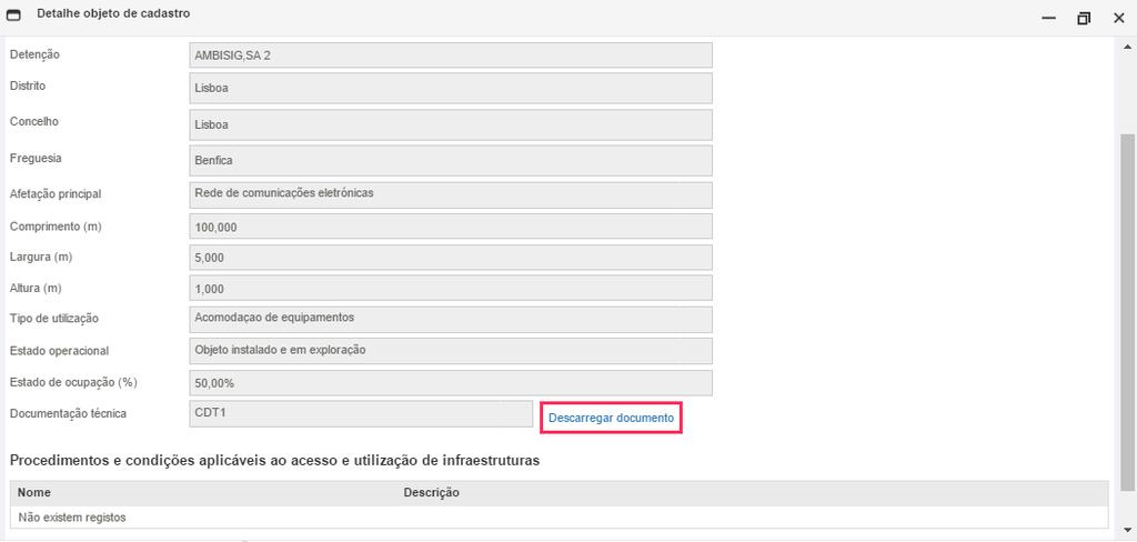 Ao abrir a janela de detalhe de objeto de cadastro poderá descarregar o documento através do botão que se