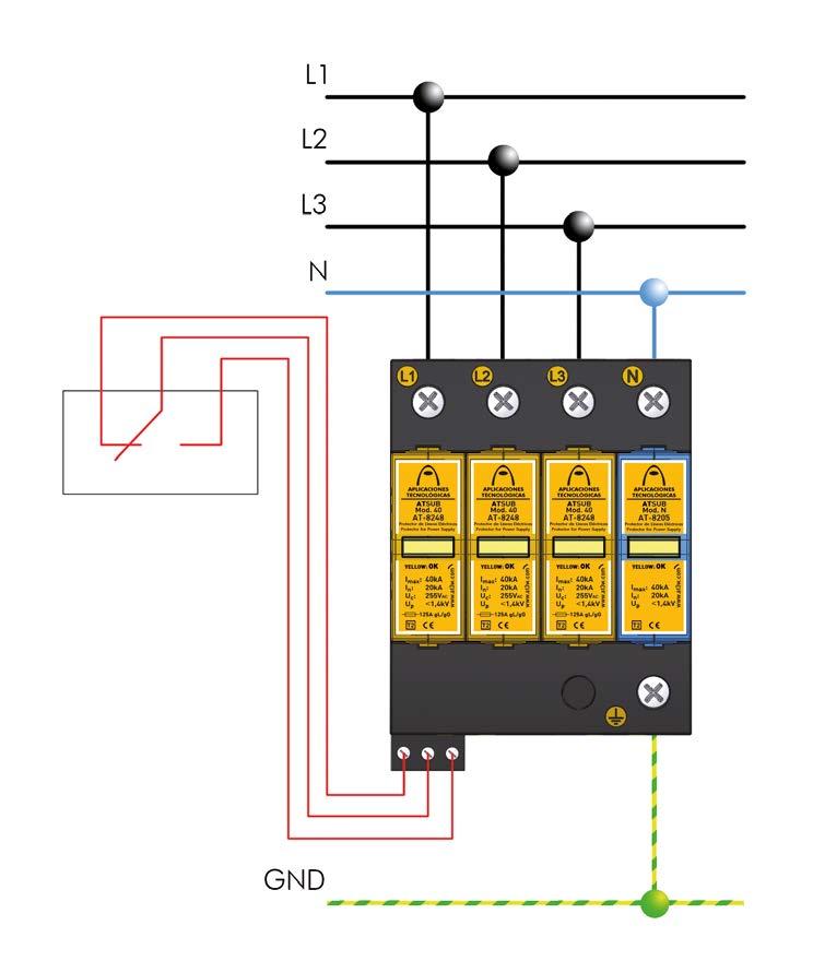 > ATSUB-4P TT Protetor compacto para linhas de fornecimento elétrico trifásico TT > AT-8282 ATSUB-4P 15 TT: corrente de pico 15 ka. Un 230 V > AT-8285 ATSUB-4P 40 TT: corrente de pico 40 ka.