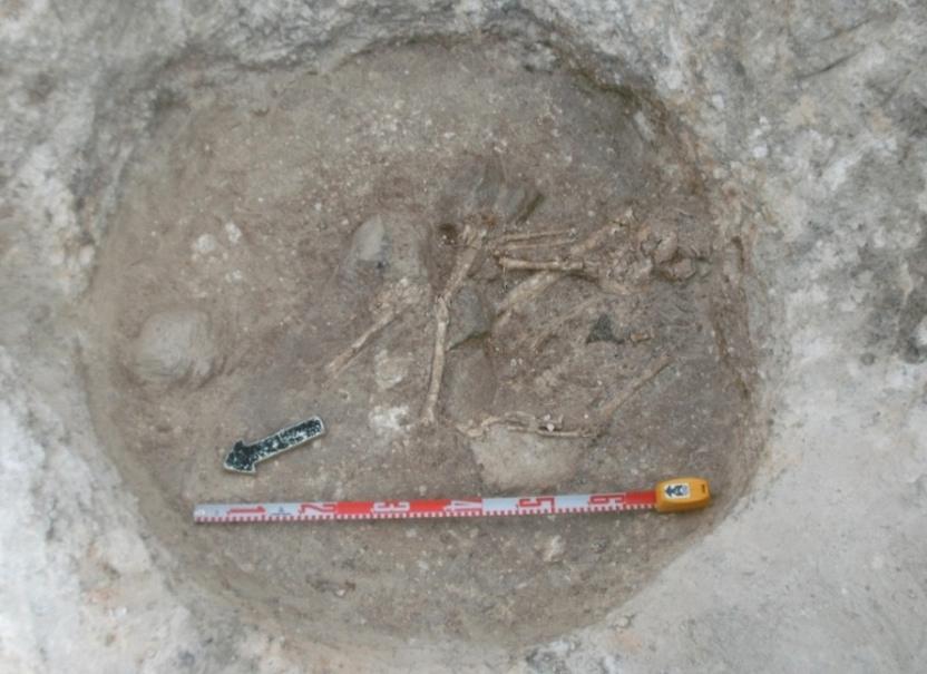 Relativamente ao material arqueológico desta estrutura, destaca-se uma conta ou pendente de osso cilíndrico, fragmentos cerâmicos de formas abertas com carena, um fragmento de uma taça de perfil em S