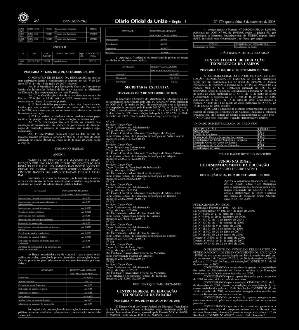 Engenheiro/área 1 0863311 MEC PORTARIA N" 1.084, DE 2 DE SETEMBRO DE 2008 O MINISTRO DE ESTADO DA EDUCAÇÃO, no uso de suas atribuições legais e considerando o disposto no Art. 7 do Decreto N" 6.