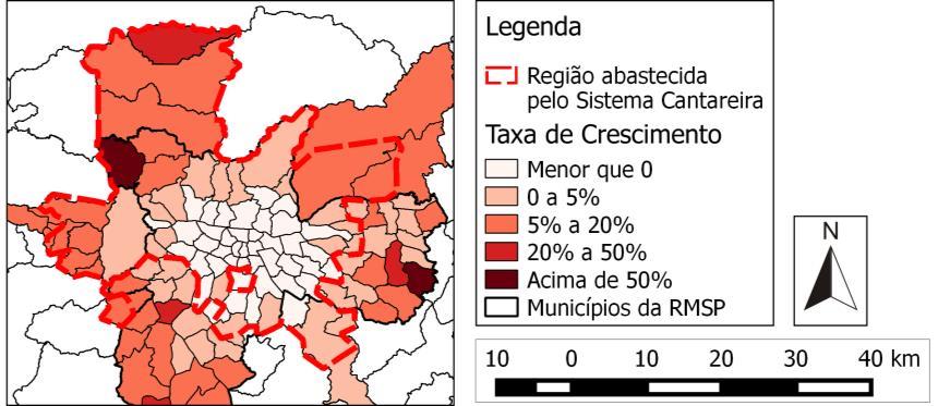 A Figura 5 mostra o crescimento da densidade populacional da região abastecida pelo Sistema Cantareira de 1970 a 2010, desde quando o sistema estava se originando até próximo aos dias atuais.